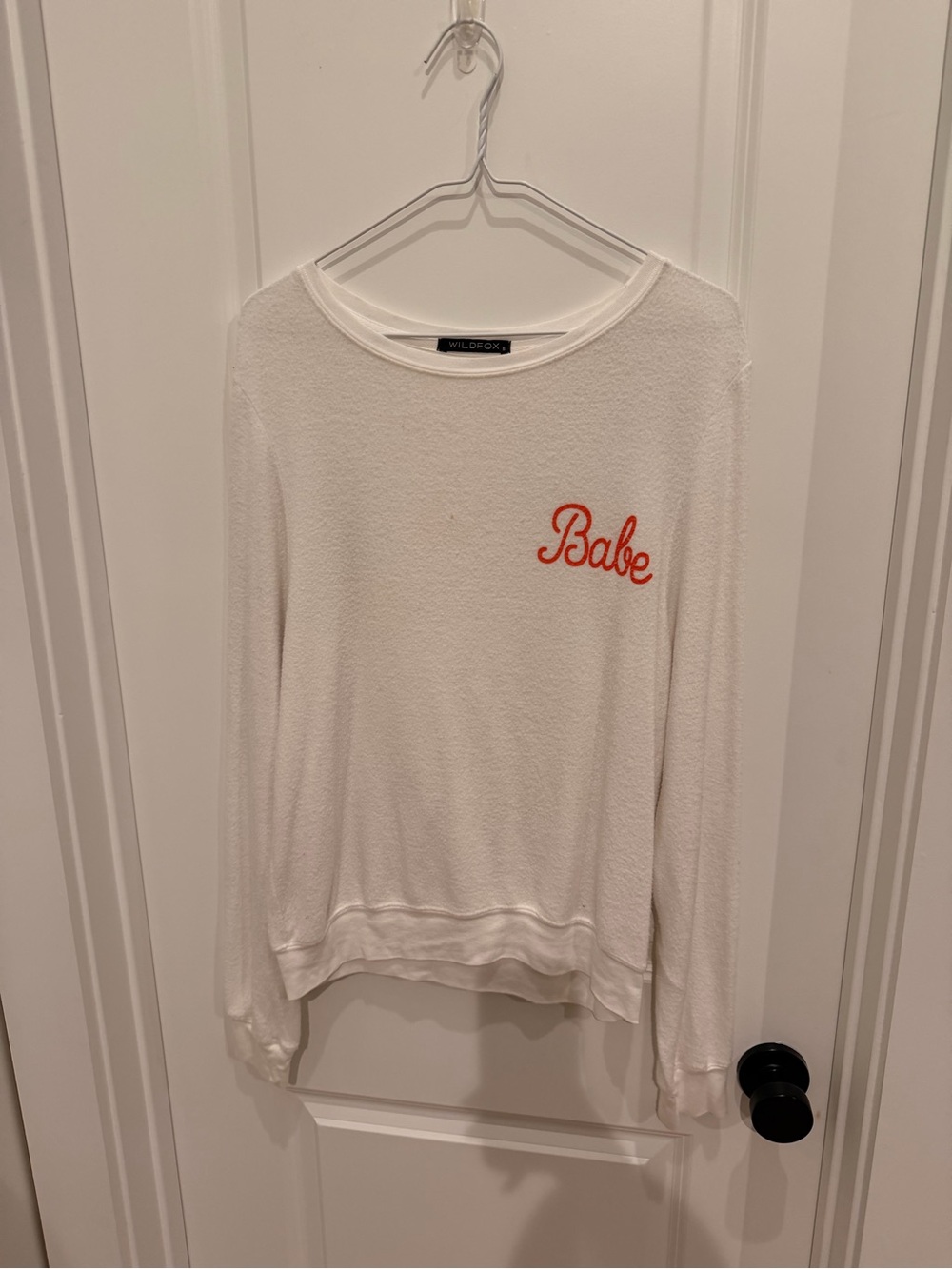 Wildfox White 'Babe' Lightweight Crewneck Sweatshirt with Coral Script